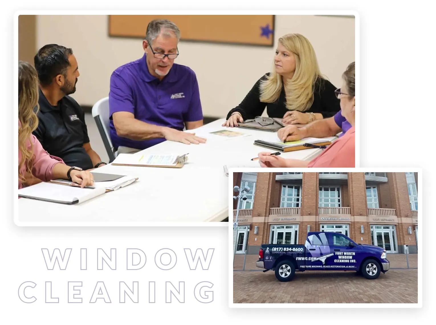 Window Genie team meeting and branded cleaning truck